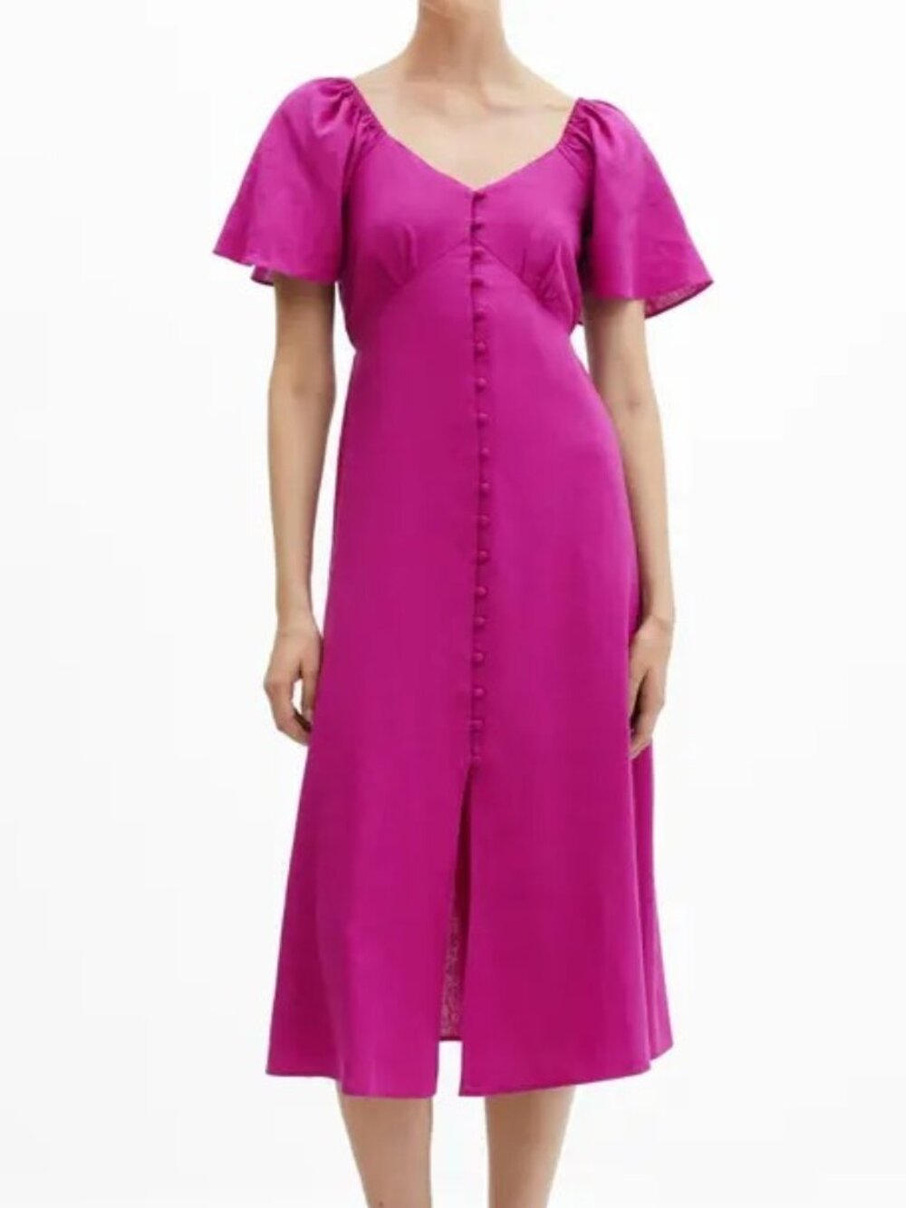 Mango - hot pink magenta linen blend flutter sleeve midi dress (small)